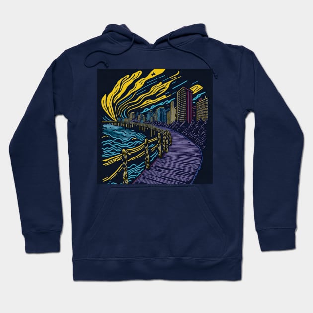 City Boardwalk at Night Hoodie by PandaSwarm